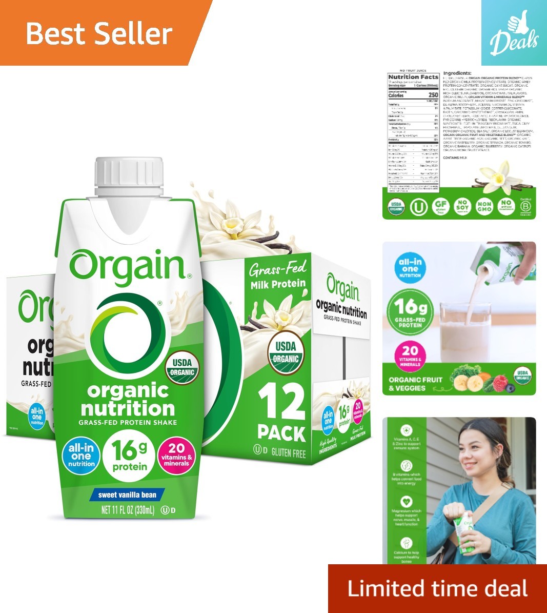 Organic Ready-to-Drink Nutritional Shake – 16g Protein, Gluten Free, 12 Bottles