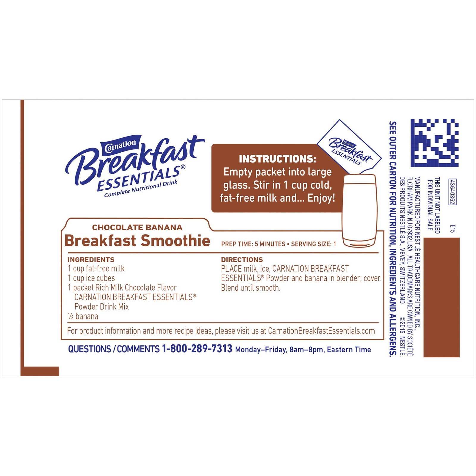 Nestle Carnation Breakfast Essentials Complete Nutritional Drink Chocolate 10 Ct