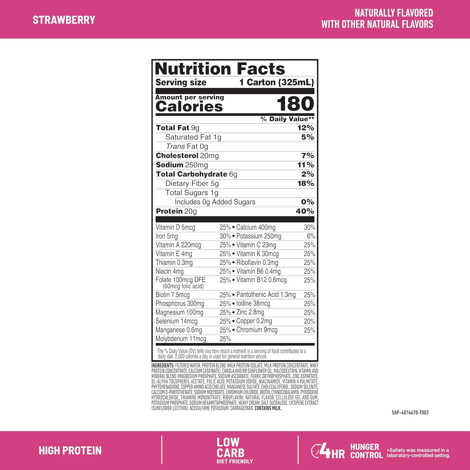 Protein Shake, Strawberry- 20G Protein, Meal Replacement Shake Ready to Drink, H