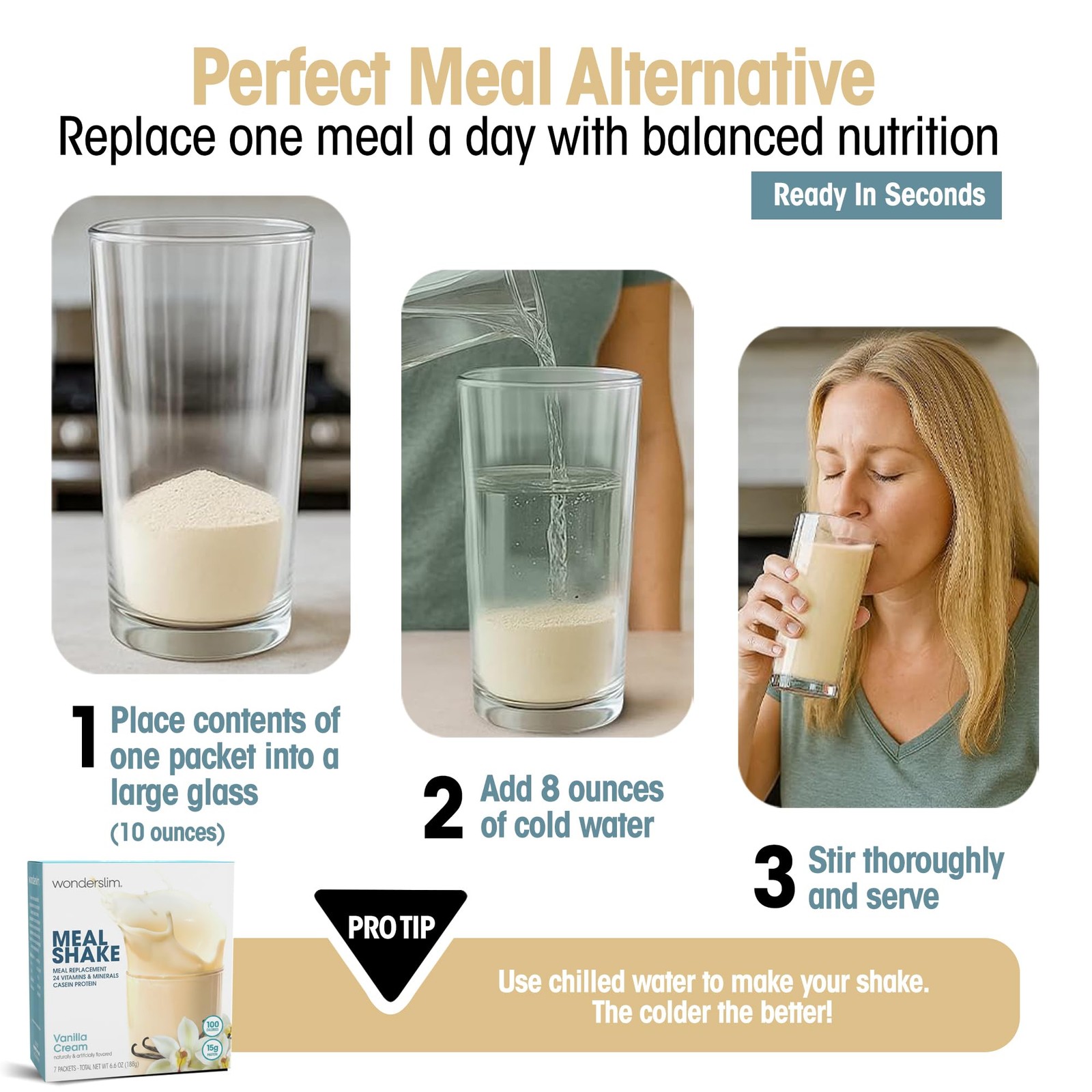 WonderSlim Meal Replacement Shake, Vanilla Cream, 15g Protein, 24 Vitamins & …
