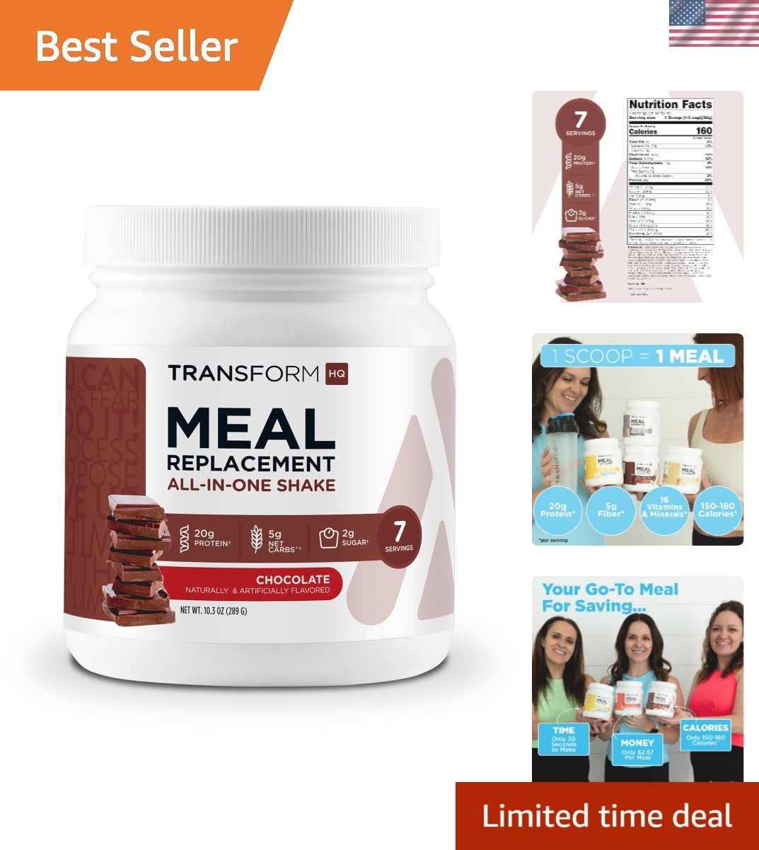 Gourmet Gluten Free Chocolate Shake Powder – 7 Servings, Convenient Scoop Inside