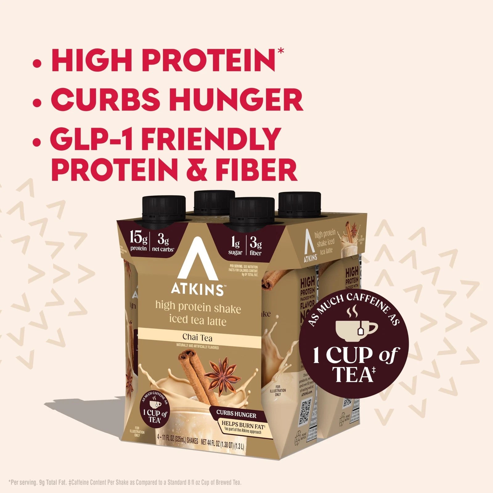 Atkins Chai Iced Tea Latte Flavored 15g High Protein Shake (Pack of 8) BB 1/2027