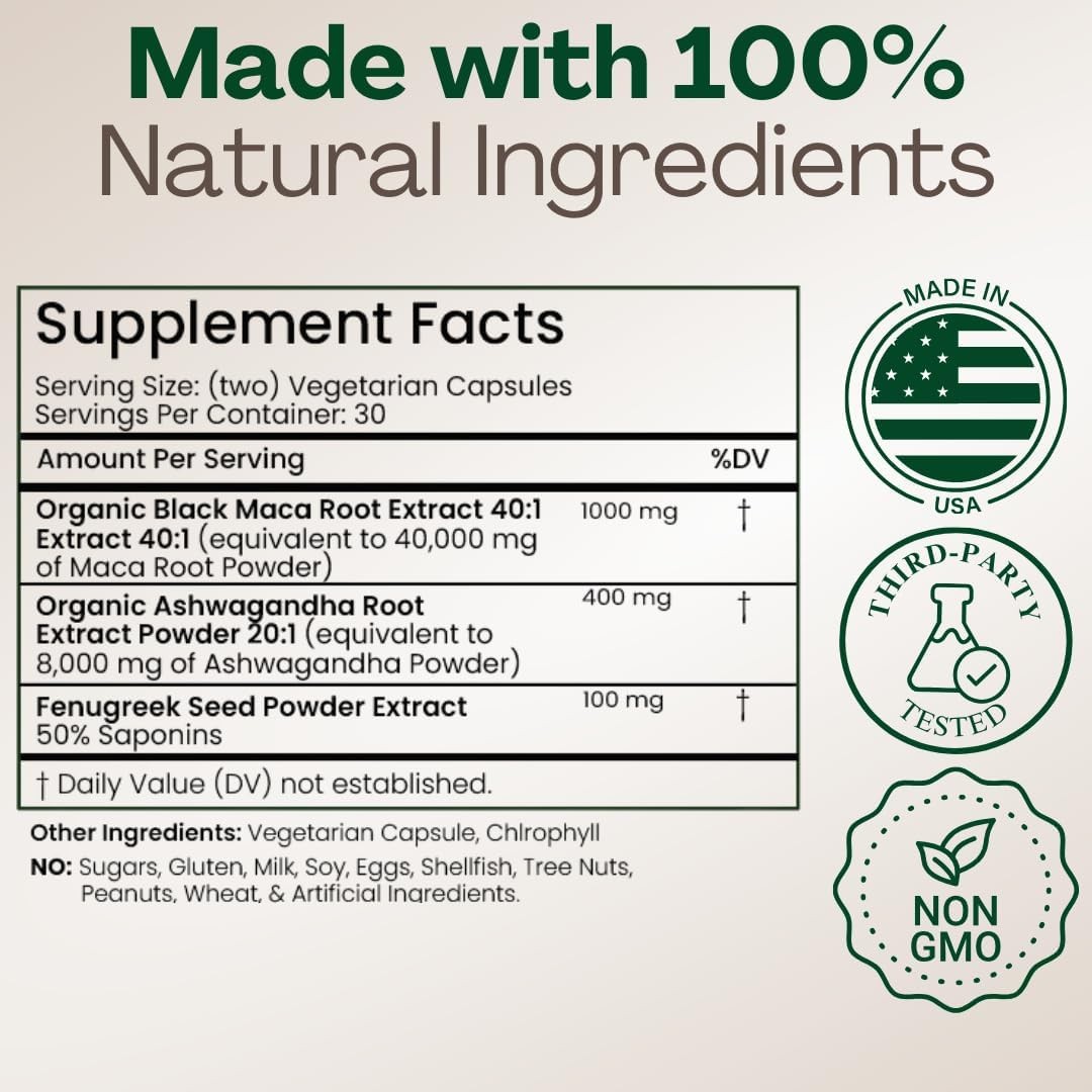 MACAPLUS+ Black Maca Root + Ashwagandha + Fenugreek – #1 60 Count (Pack of 1)