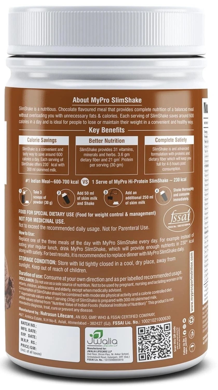 Mypro Sport Nutrition Slim Shake Protein Powder, Sugar-Free, Chocolate 500gm z37