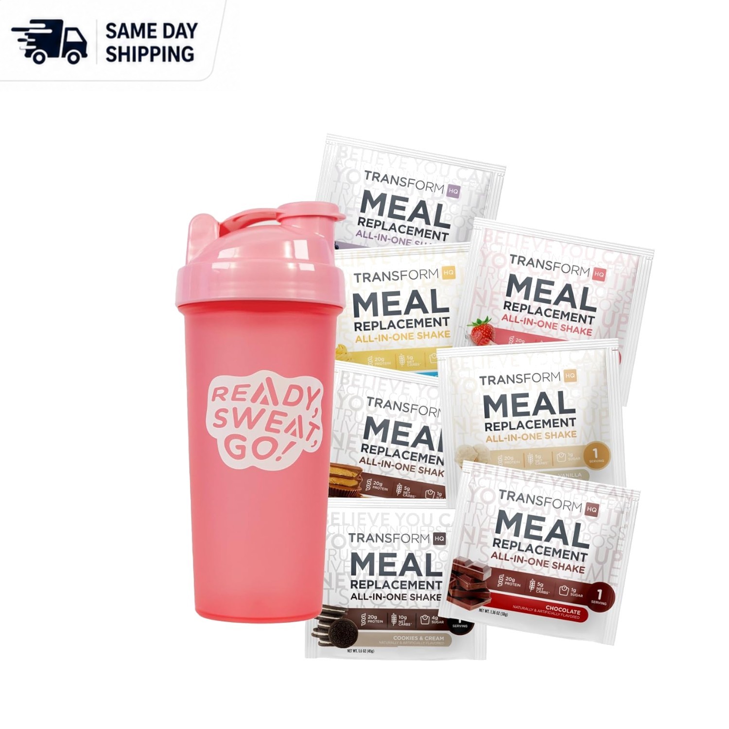 Gourmet Meal Replacement Shake Variety Box with Pink Shaker – 7 Unique Flavors