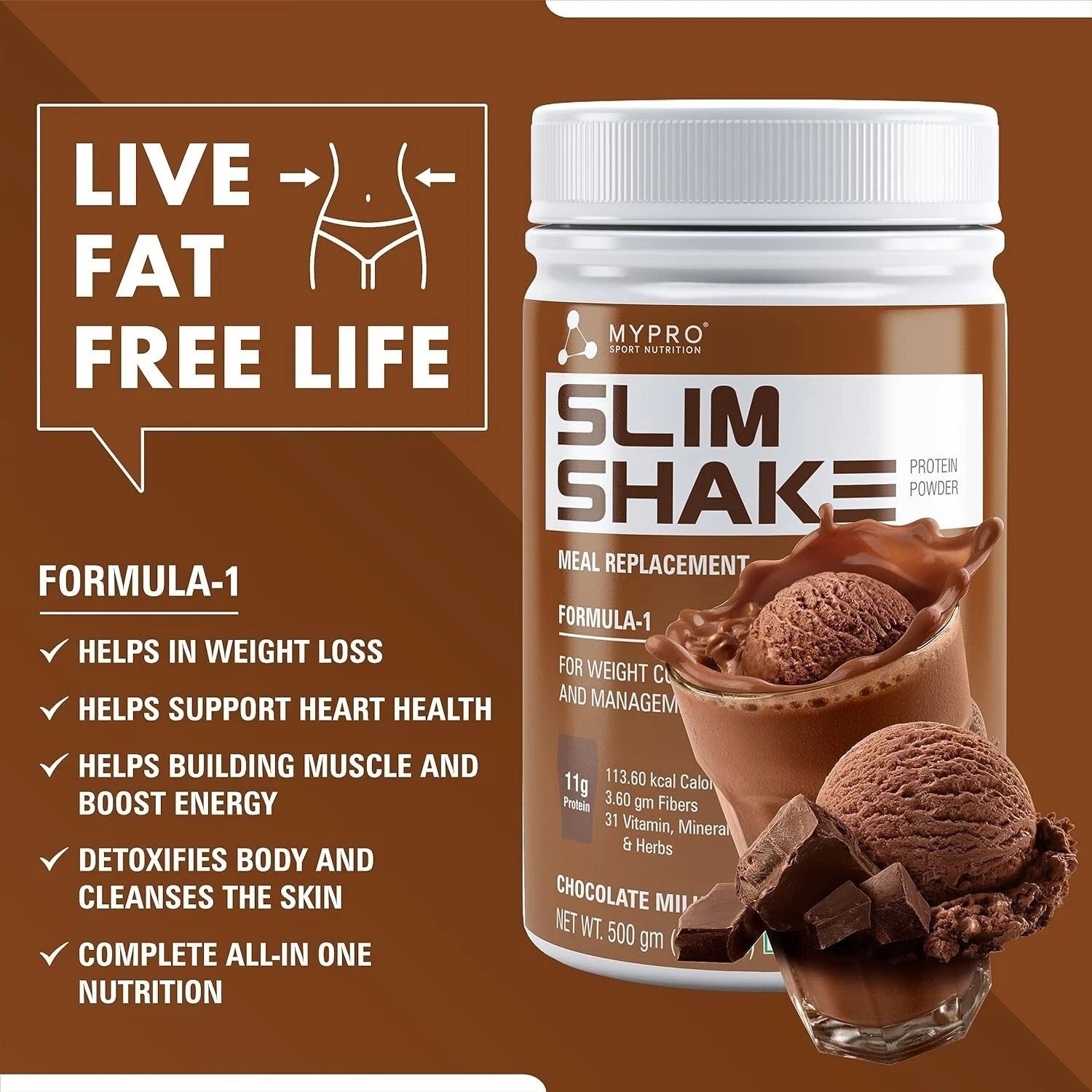 Mypro Sport Nutrition Slim Shake Protein Powder, Sugar-Free, Chocolate 500gm z37