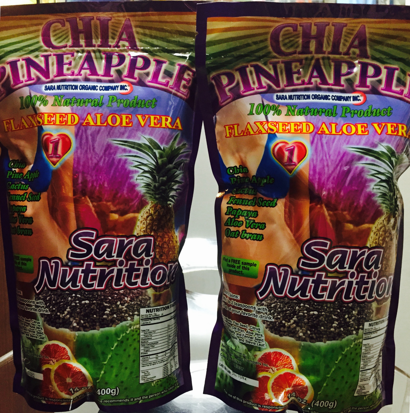 2 Pieza Pack Chia Pineapple Linaza Flax Seed Sara Nutrition Colon Cleanse 14oz