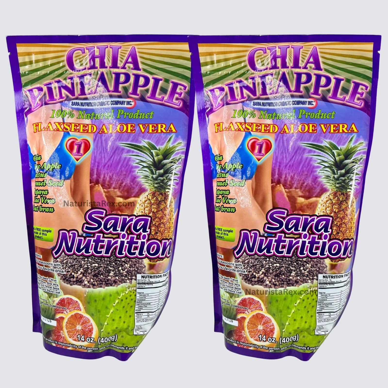 2 PACK Chia Pineapple Flaxseed /Aloe Vera by Sara-Nutrition – 14 oz Powder