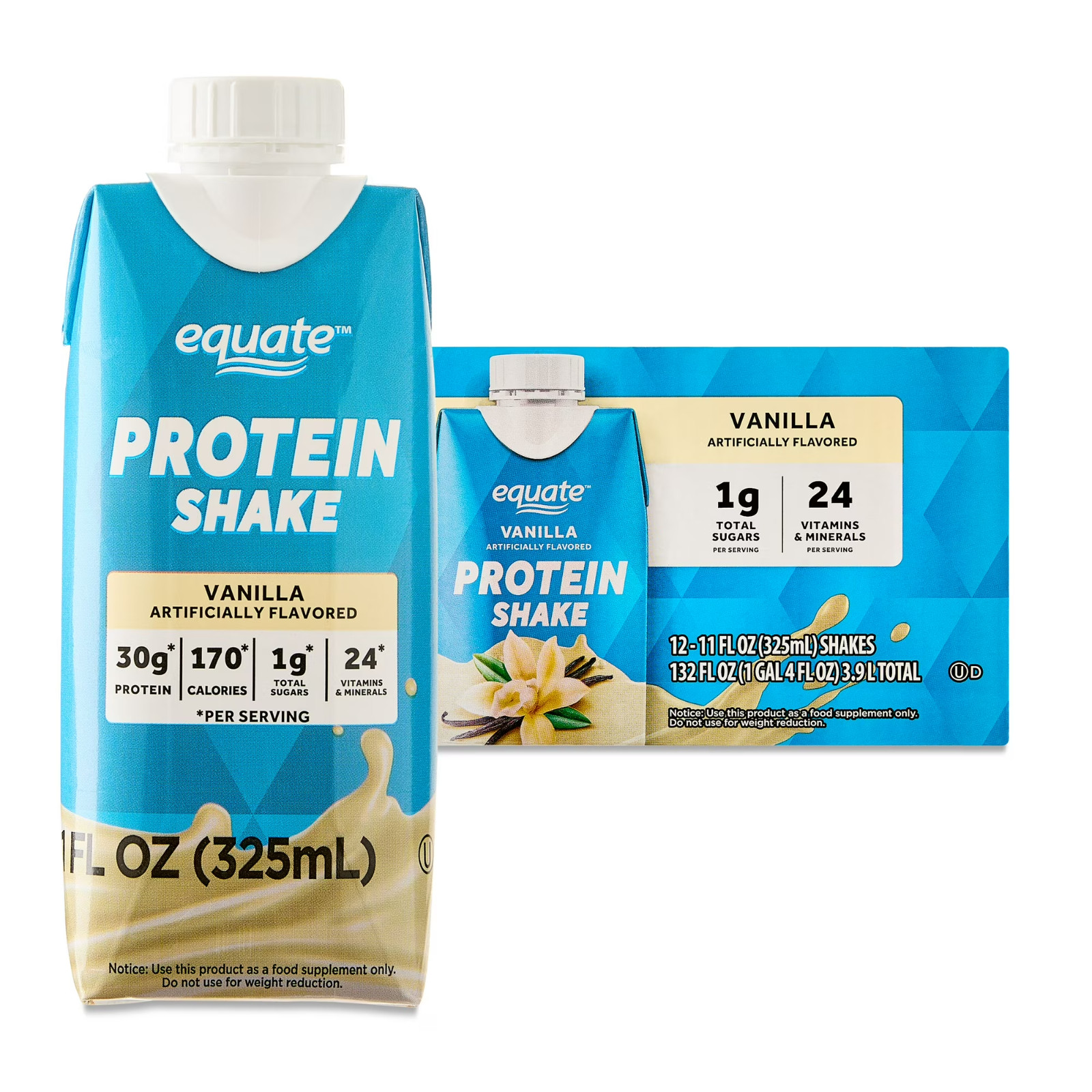 2 Pack Equate High Performance Protein Shake Vanilla 11 fl oz 12 Ct (24 Bottles)