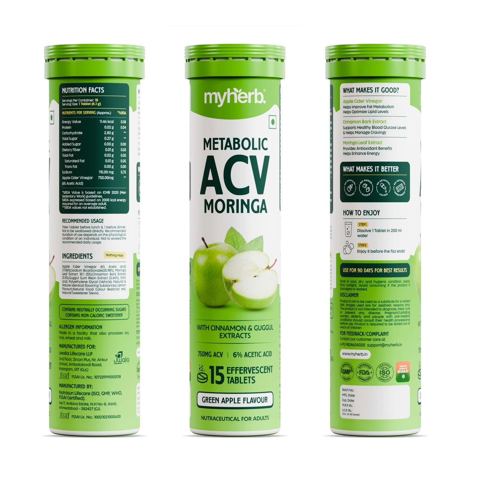 MYHERB ACV Moringa Effervescent | No Sugar | Green Apple | 15 Tabs