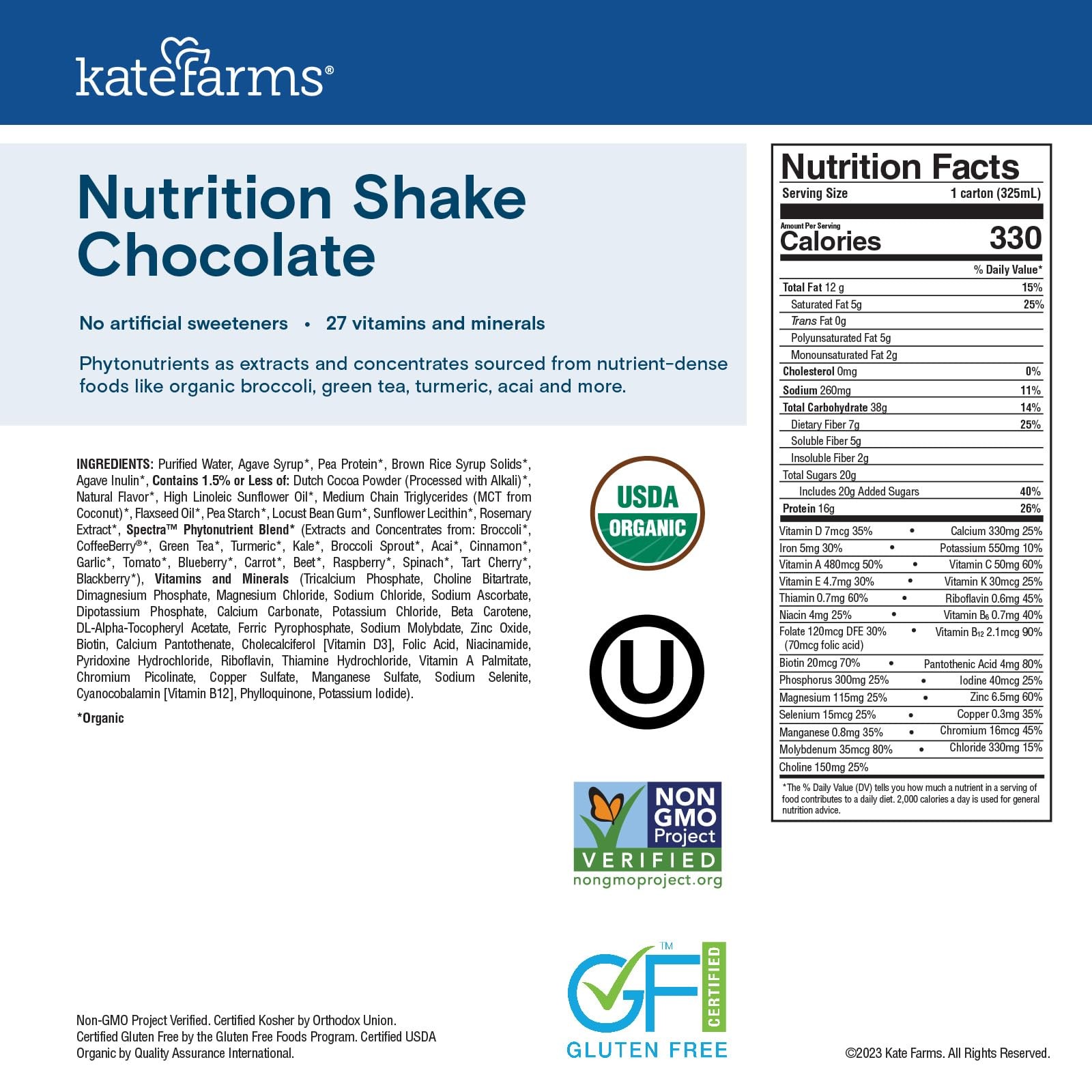 KATE FARMS Organic Nutrition Shake, Chocolate, Meal Replacement Shake,(12 Pack)