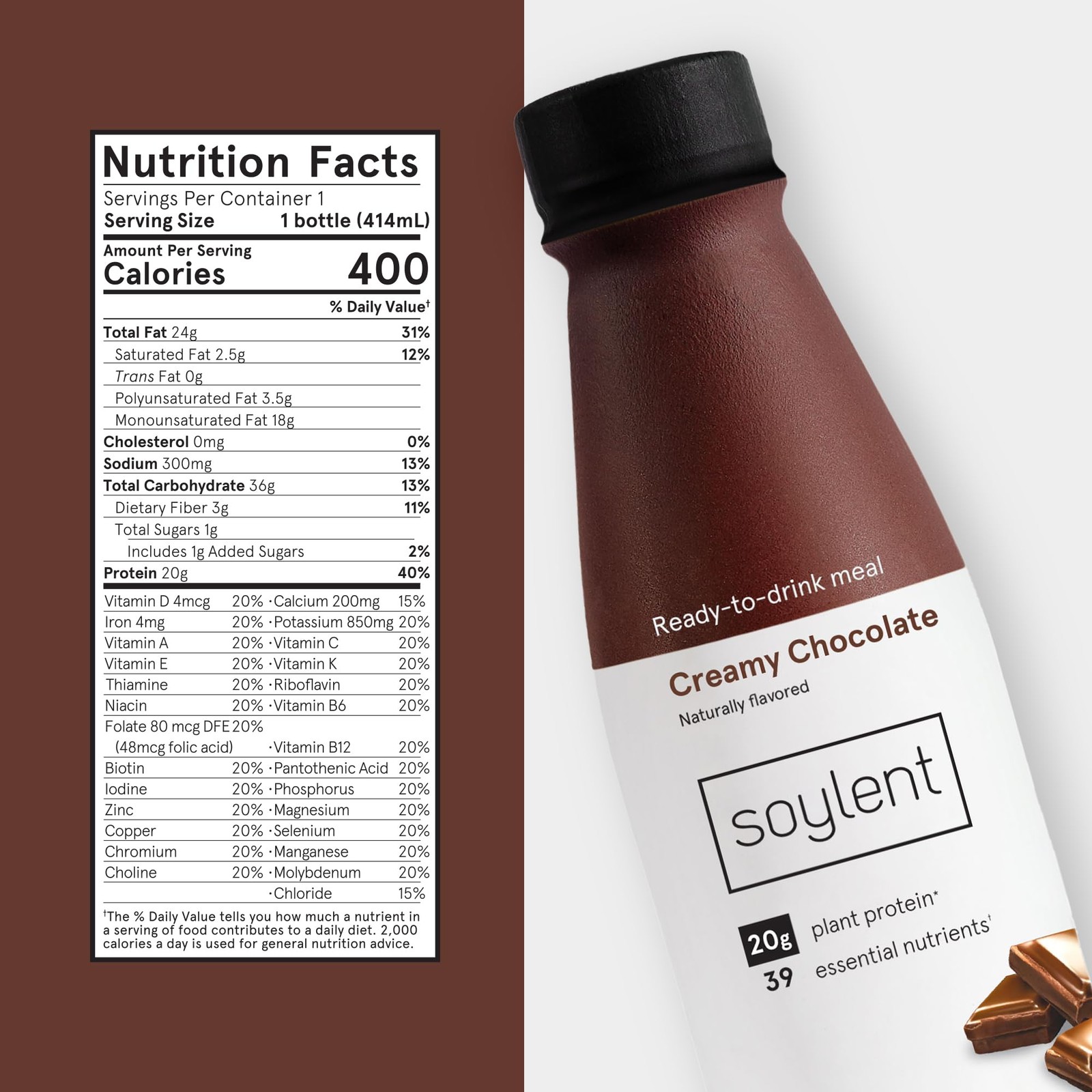 Soylent Complete Nutrition Gluten-Free Vegan Protein Meal Replacement Shake, Cre