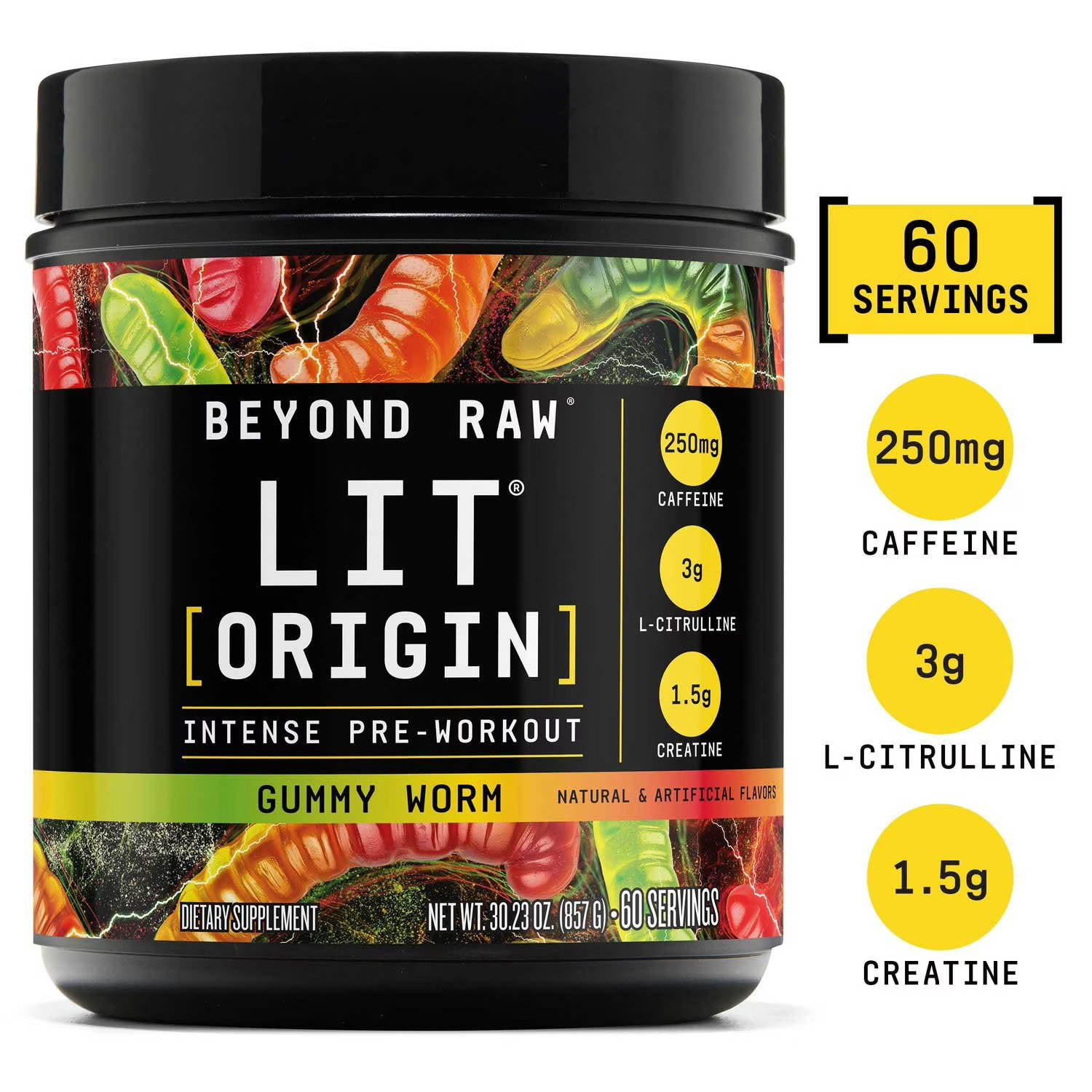 GNC Beyond Raw Lit Orgin Pre-Workout, Gummy Worm, 30.23 oz. FREE SHIPPING!!!