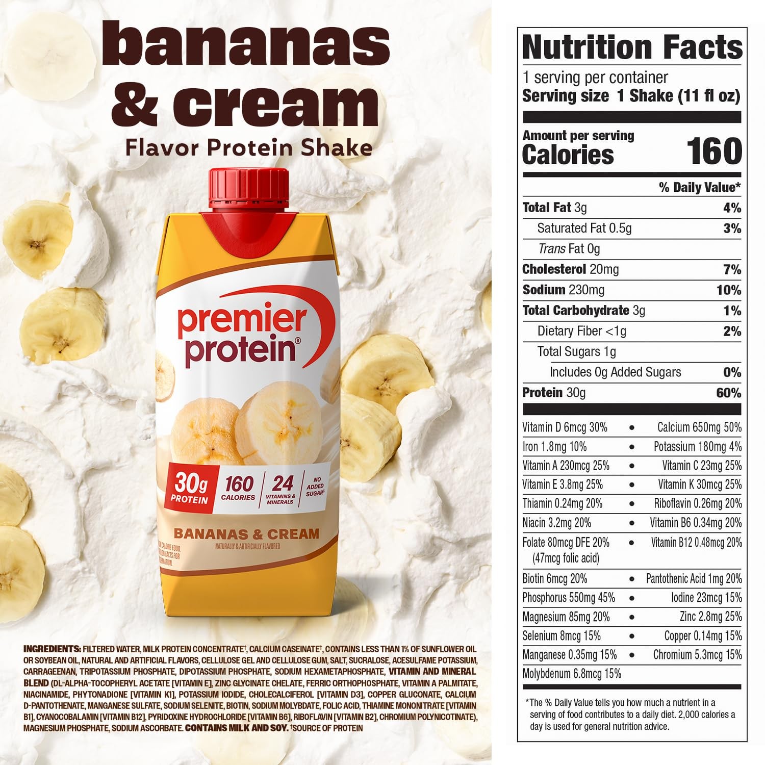 30g Protein Shake Bananas and Cream No Sugar Vitamins Shake Premier Protein