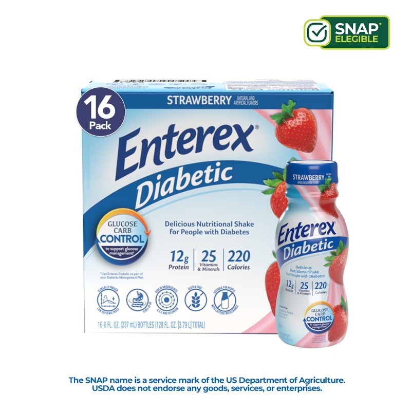 Enterex Diabetic Nutritional Meal Replacement Shake,Strawberry,8 fl oz,16 Pack