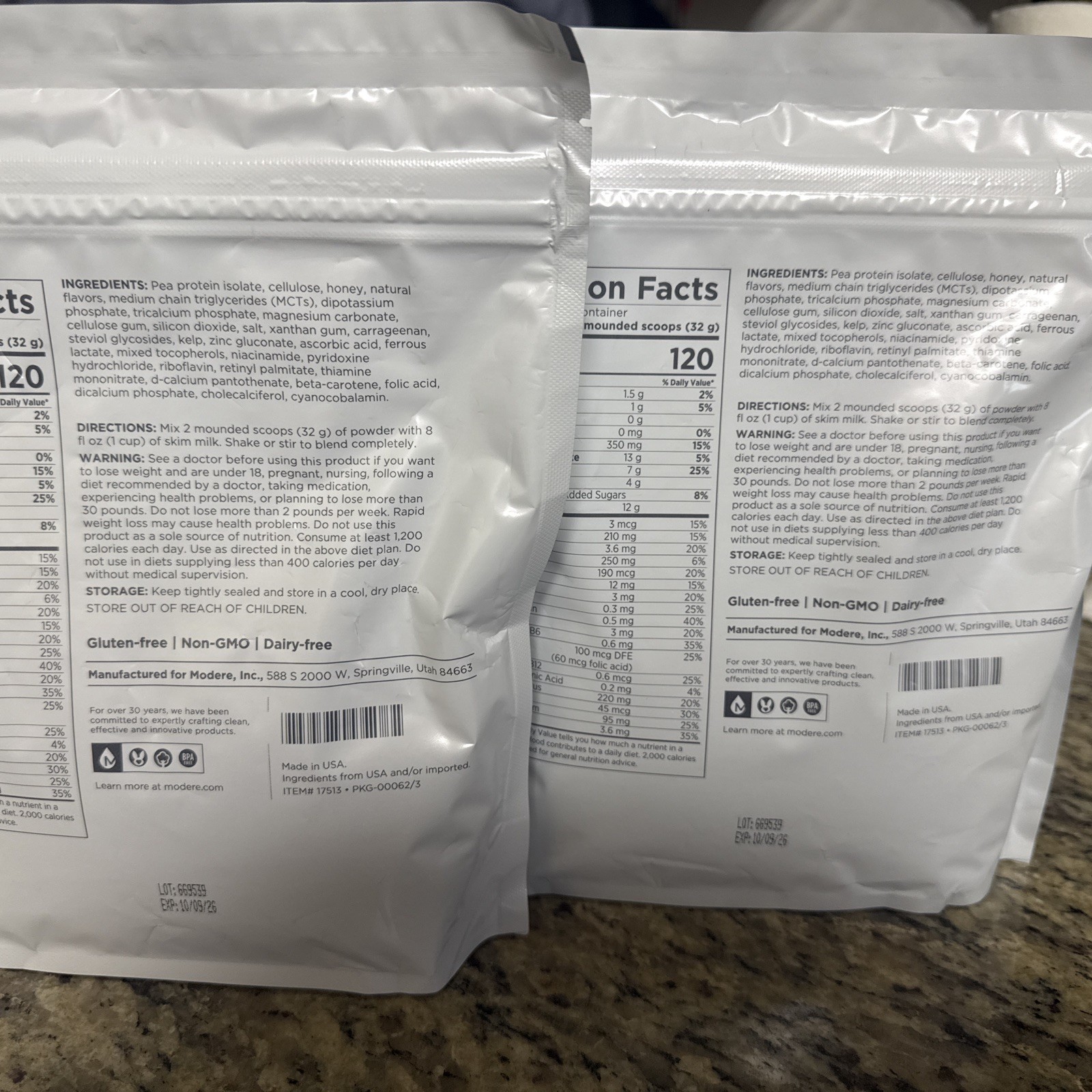 Modere Vanilla Meal Replacement Shake Vegetarian Gluten-Free Dairy-Free 2 BAGS