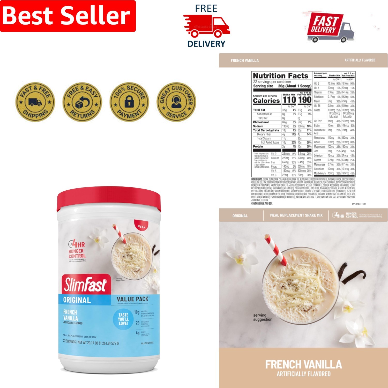 Indulge in French Vanilla Meal Replacement Shake – 10g Protein, 22 Servings