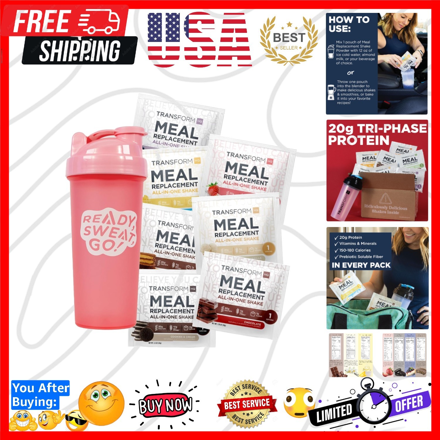 Meal Replacement Shake Variety Box With Pink Shaker, 7 Single-Serving Shake P…