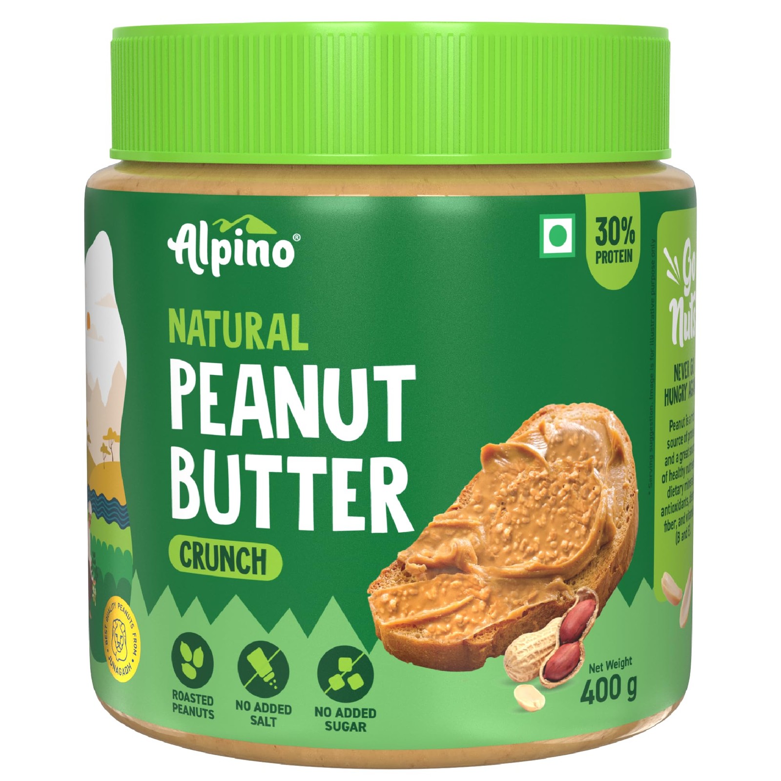 Alpino Natural Peanut Butter Crunch 400g | 30g Protein Unsweetened Crunchy