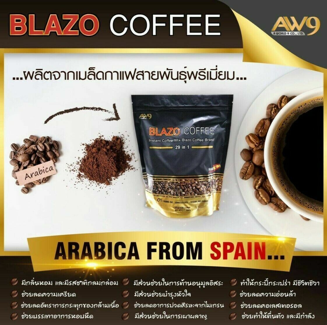 10x BLAZO Coffee 29 in 1 Weight Control No Sugar Arabica Detox Diet (New Pack)