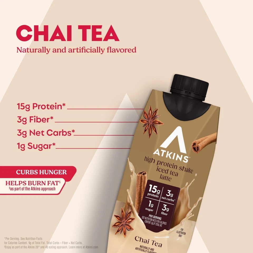 Atkins Chai Iced Tea Latte Flavored 15g High Protein Shake (Pack of 8) BB 1/2027