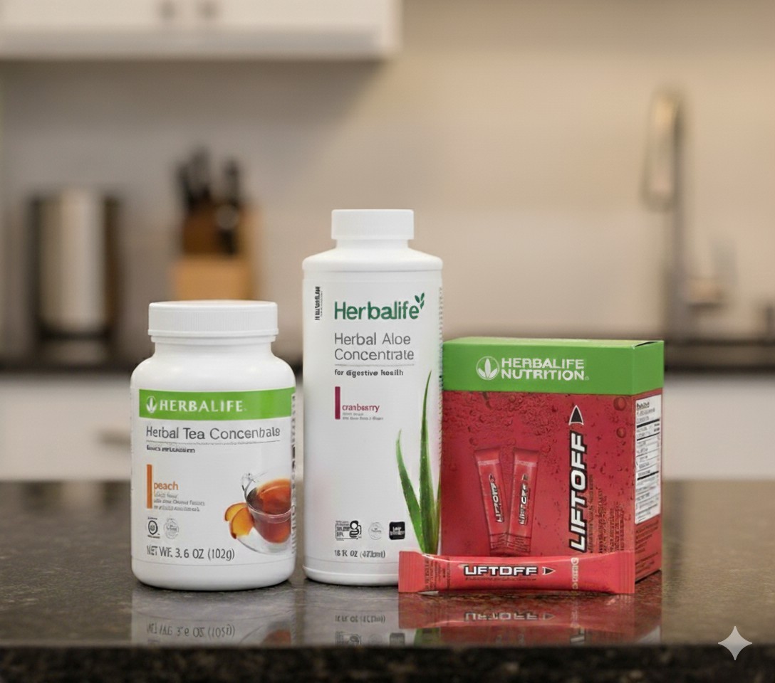 Herbalife Peach Tea 3.6 oz +Cranberry Aloe Pint+30 Pomegranate LiftOff Stcks