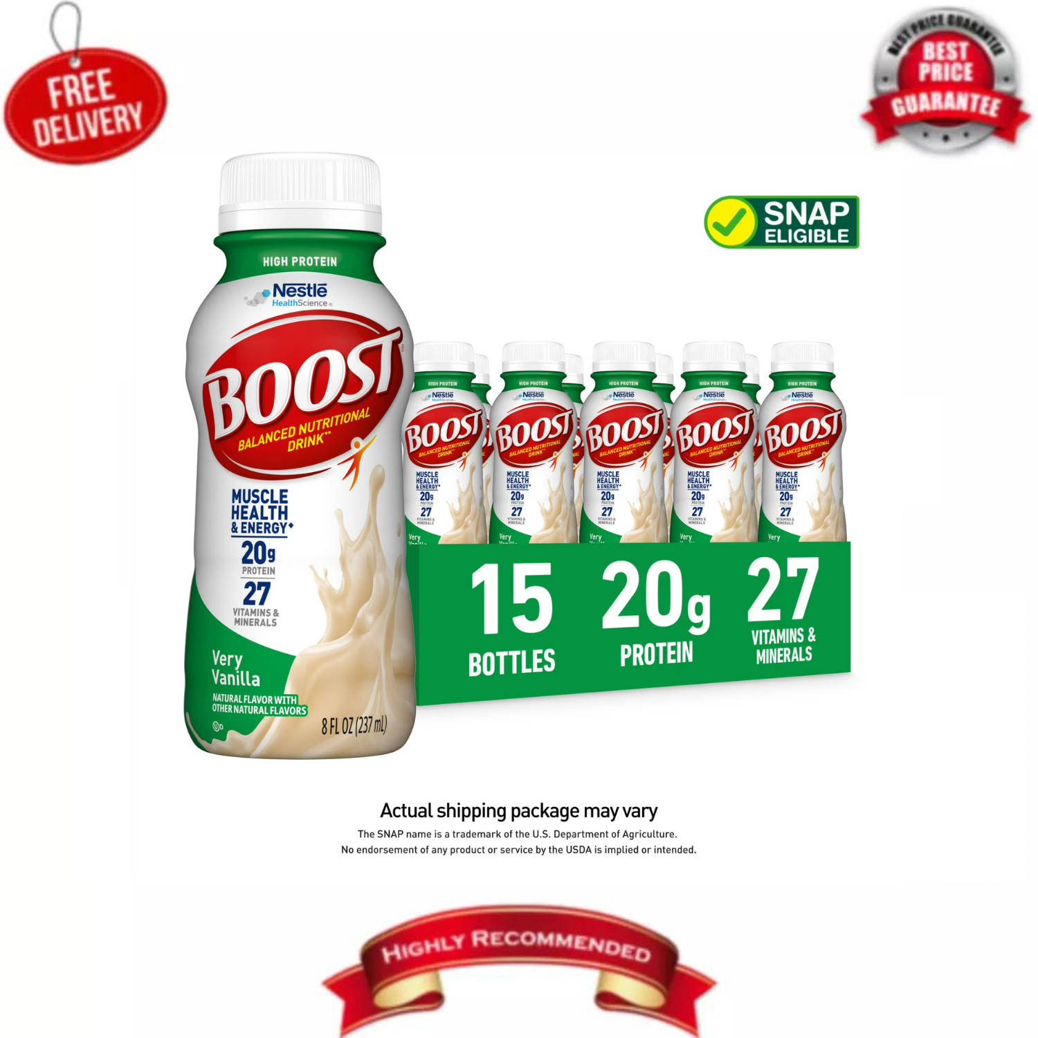 BOOST 20g High Protein Nutritional Drink Shakes, Very Vanilla, 8 fl oz, 15 Pack