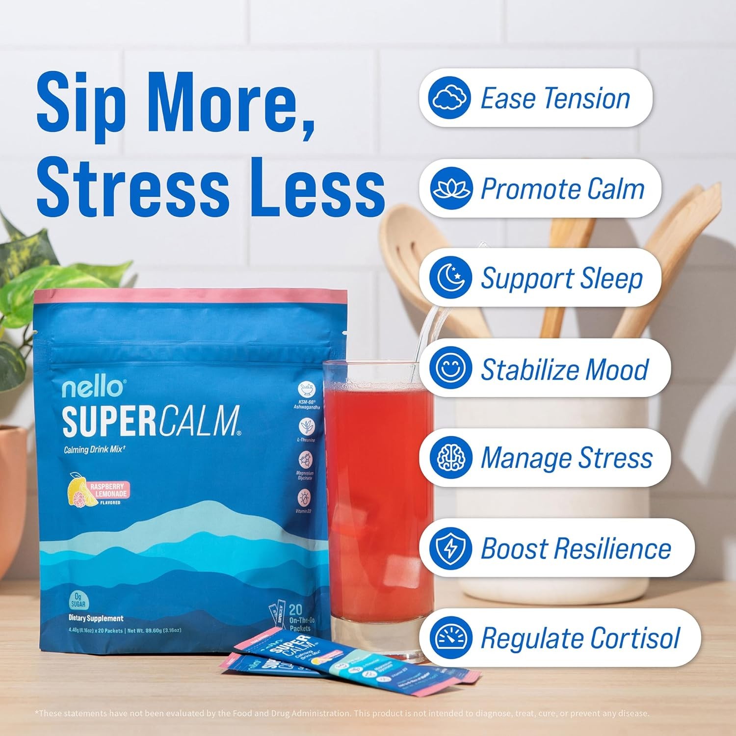 Nello Supercalm Powdered Drink Mix, Cortisol Reducer and Sleep Aid Supplement