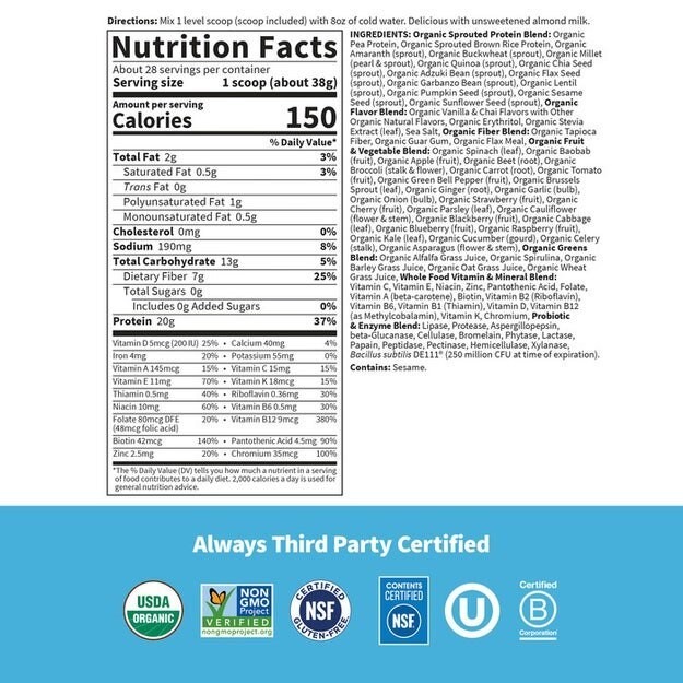Garden of Life RAW Organic Meal Replacement Shake Vanilla Chai 37.53 oz