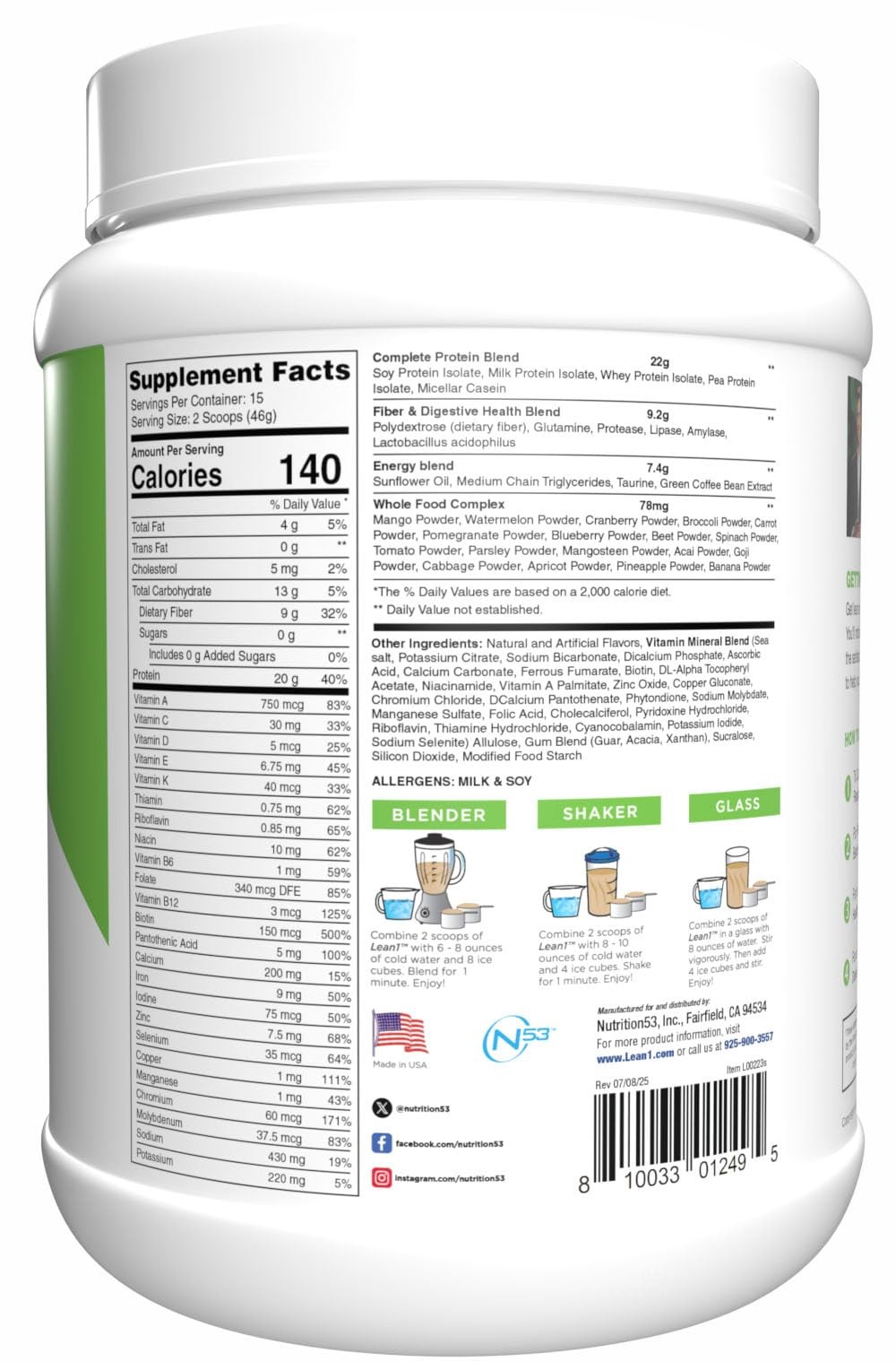 N53 Lean1 Meal Replacement Protein Powder, Birthday Cake Flavor, 15 Serving t…