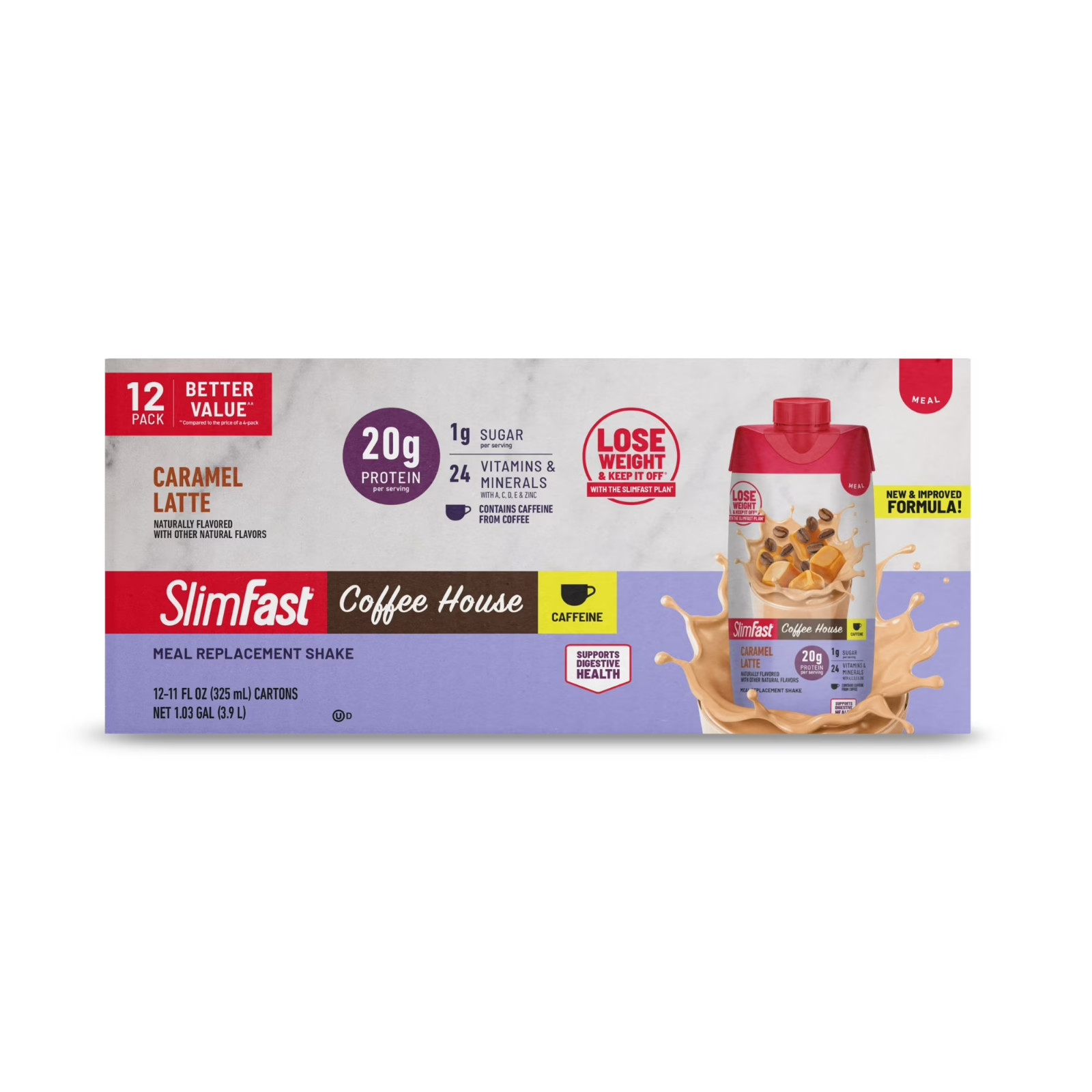 SlimFast Energy Meal Replacement Shake, 20g Protein Caramel Latte, 11oz, 12ct