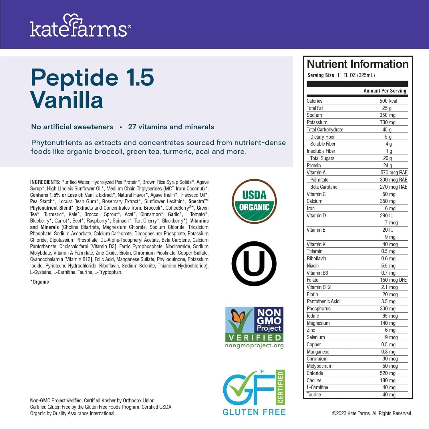 Organic Adult Peptide 1.5 Formula, Vanilla, Sole-Source, Hydrolyzed Plant-Bas…