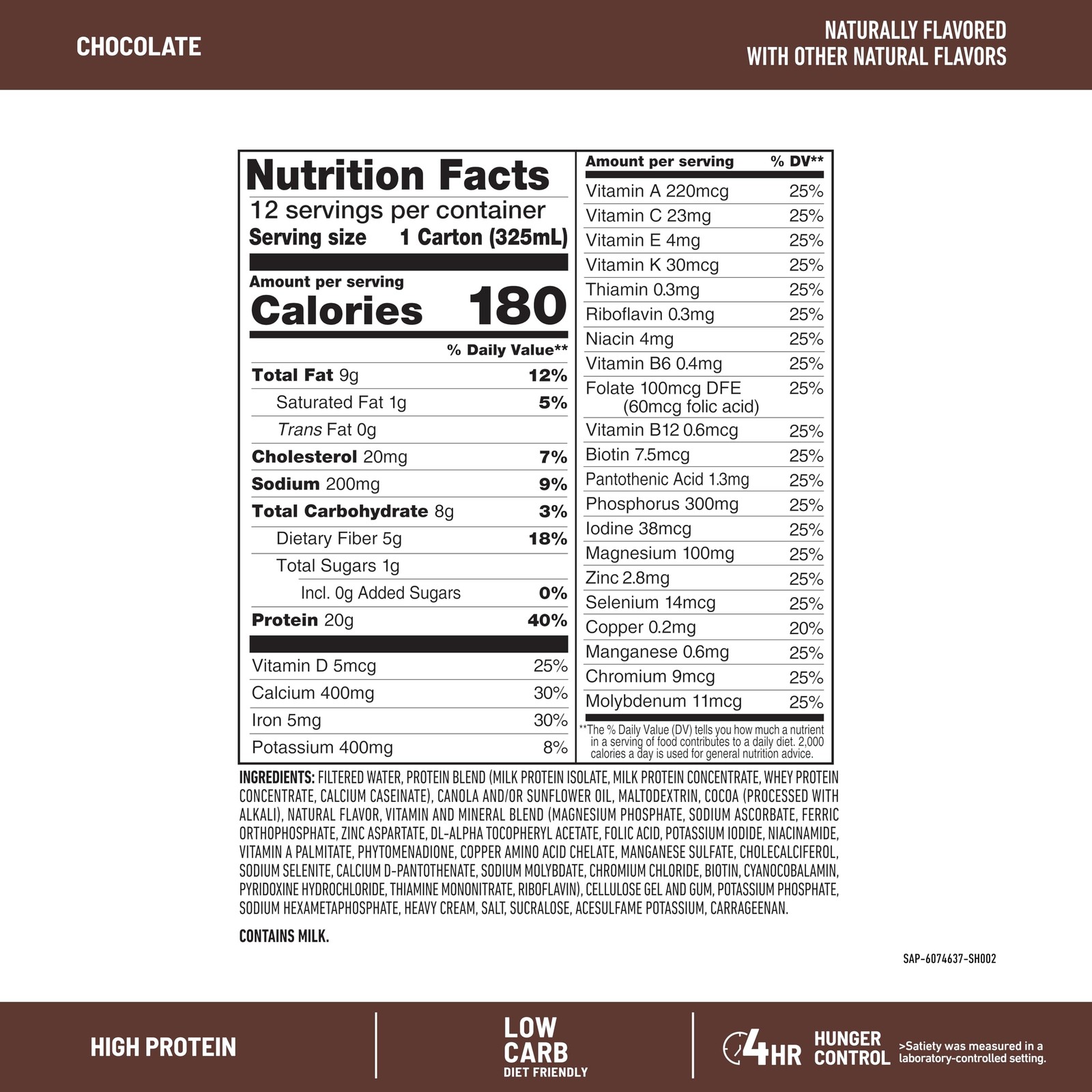 High-Protein Meal Replacement Shake, Chocolate, 20g Protein, Low Carb, 12 Count