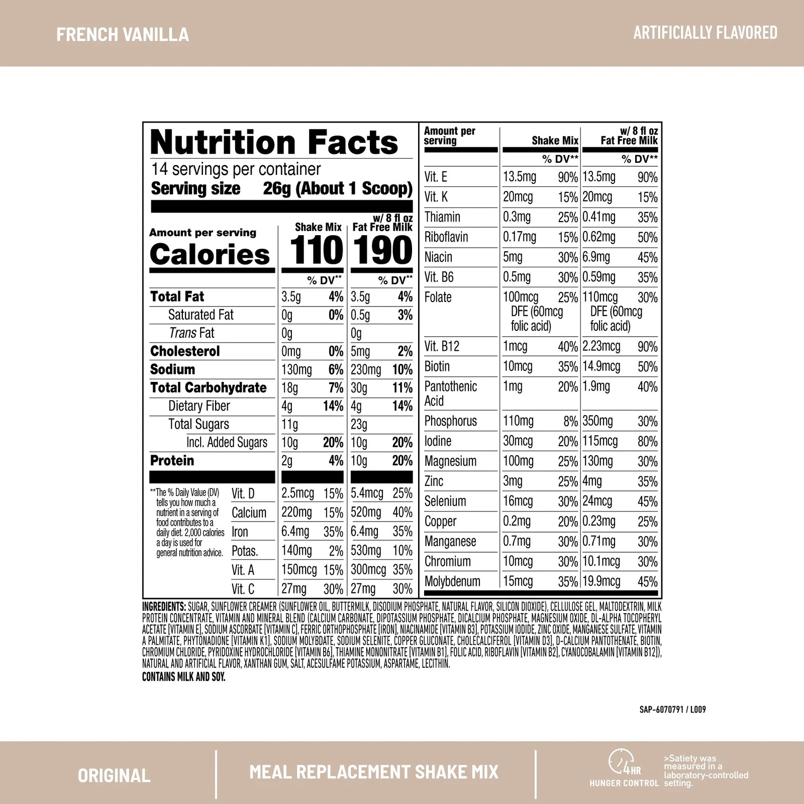 Slimfast Original Meal Replacement Shake Powder, French Vanilla, 12.83 Oz, 14 Se