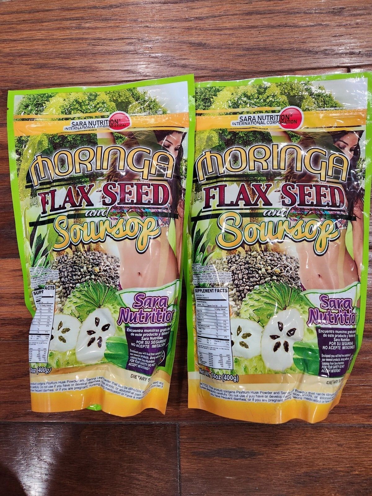 2 MORINGA FLAX SEED & SOURSOP SARA NUTRITION 14 OZ 12/24  MADE IN USA NEW SEALED