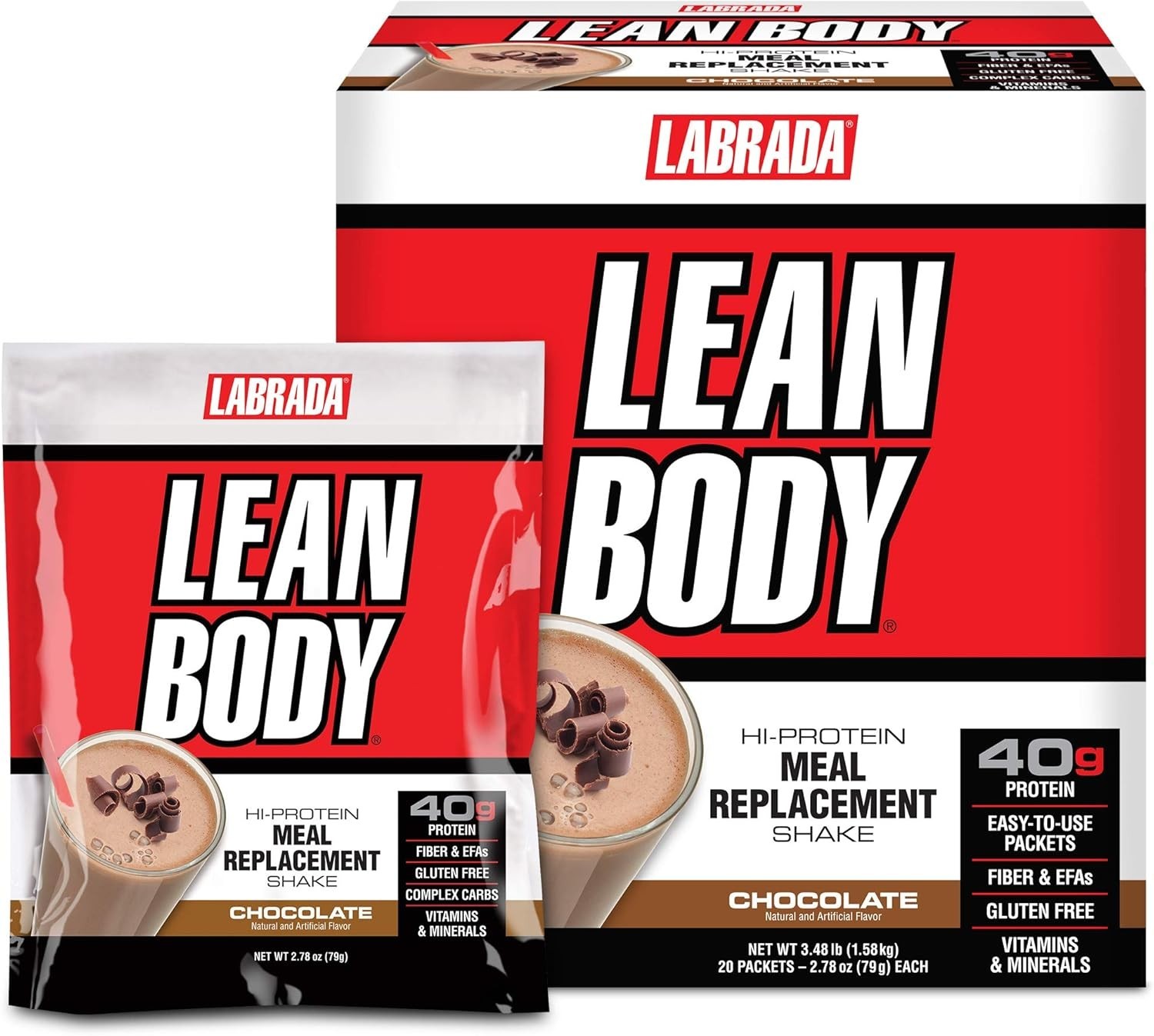 Nutrition Lean Body Chocolate Shake: 20 Packets, 40g Protein, Fast/Slow Release