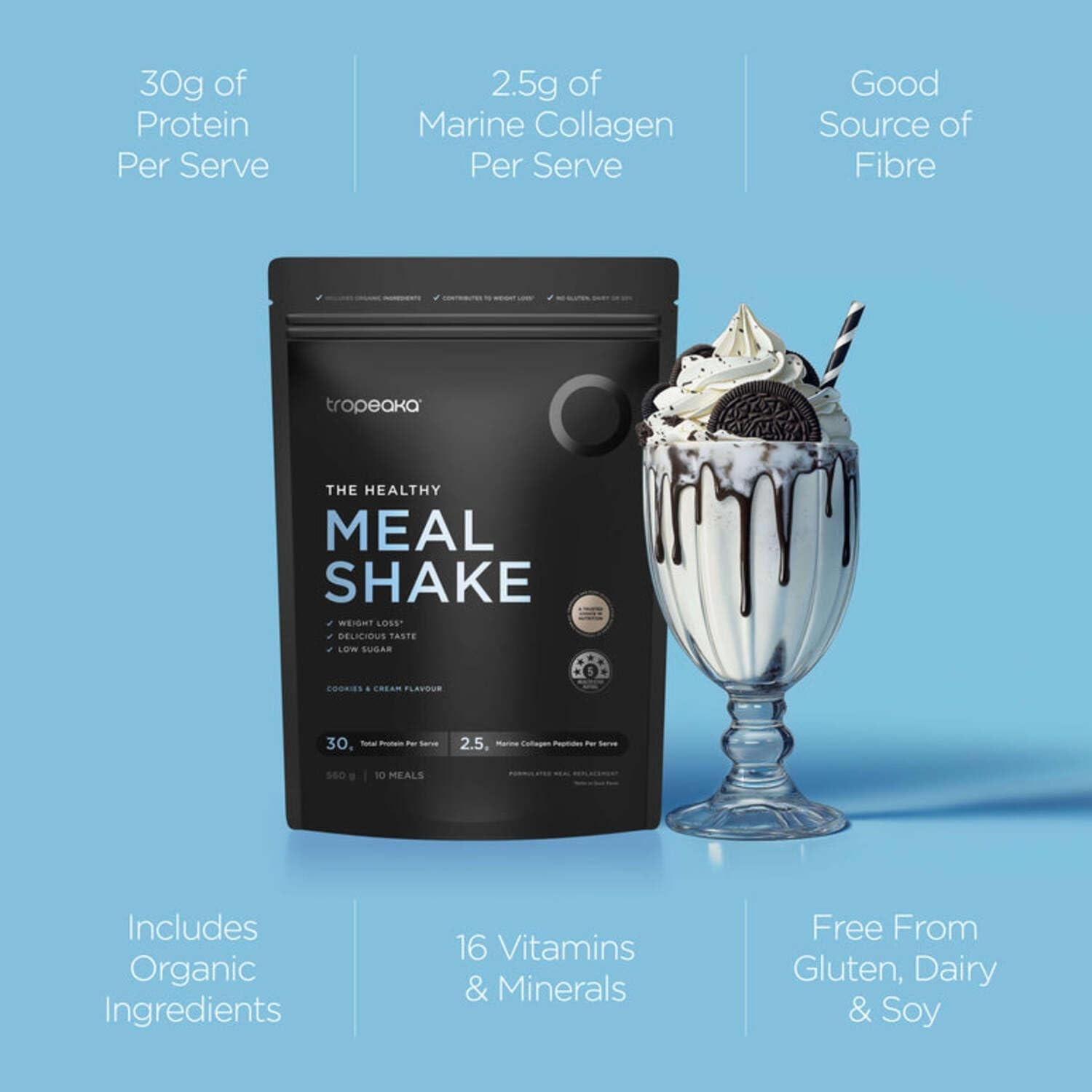 Tropeaka Meal Shake Cookies & Cream 30g Protein Collagen Fiber 10 Servings