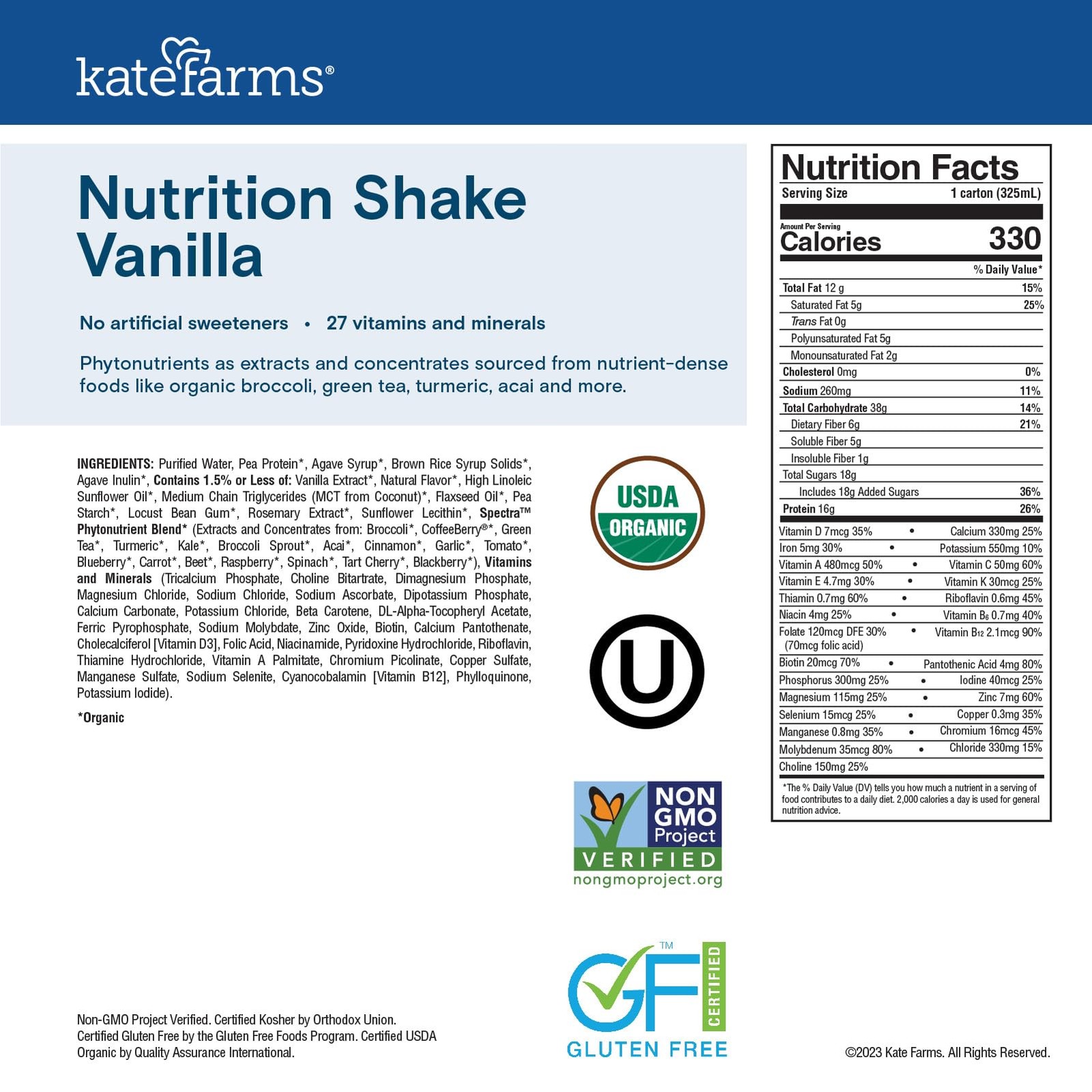 Organic Nutrition Shake, Vanilla, 16g Protein, 27 Vitamin, 11 oz (12 Pack)..