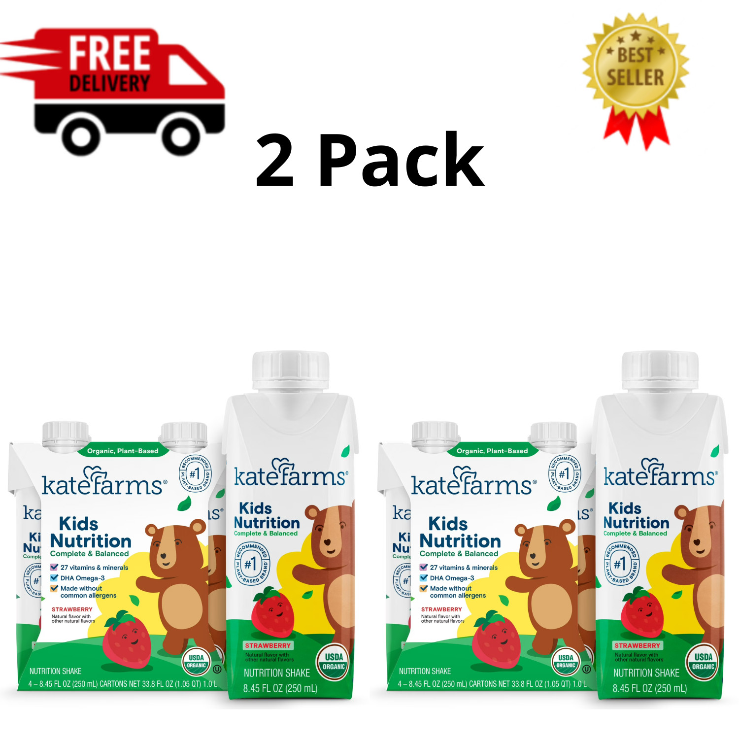 Kate Farms Kids Nutrition Shake, Strawberry, 4 Pack, 8.45 fl oz ( 2 Pack)