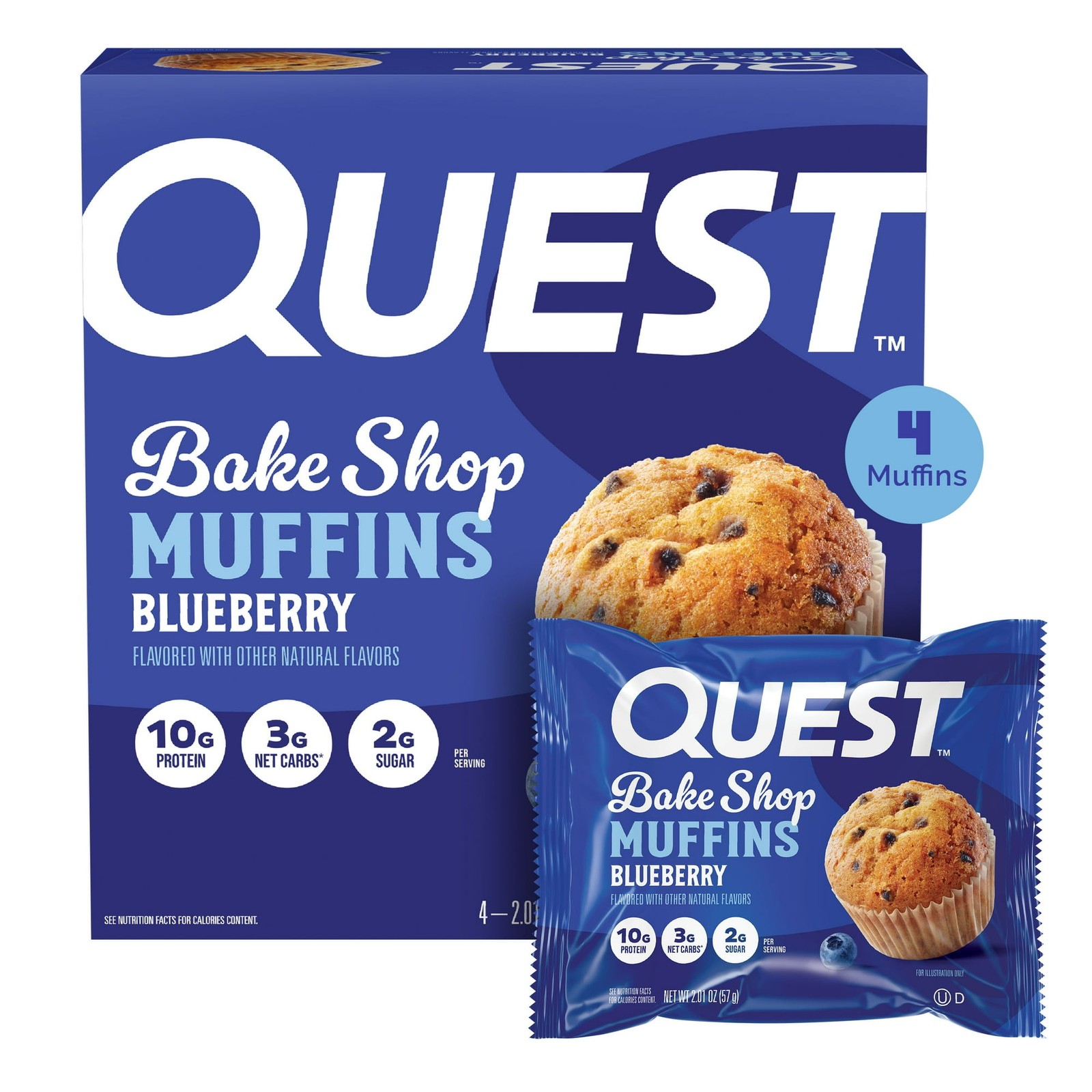 Quest Bake Shop Protein Muffins Blueberry 4 Count 10g Protein