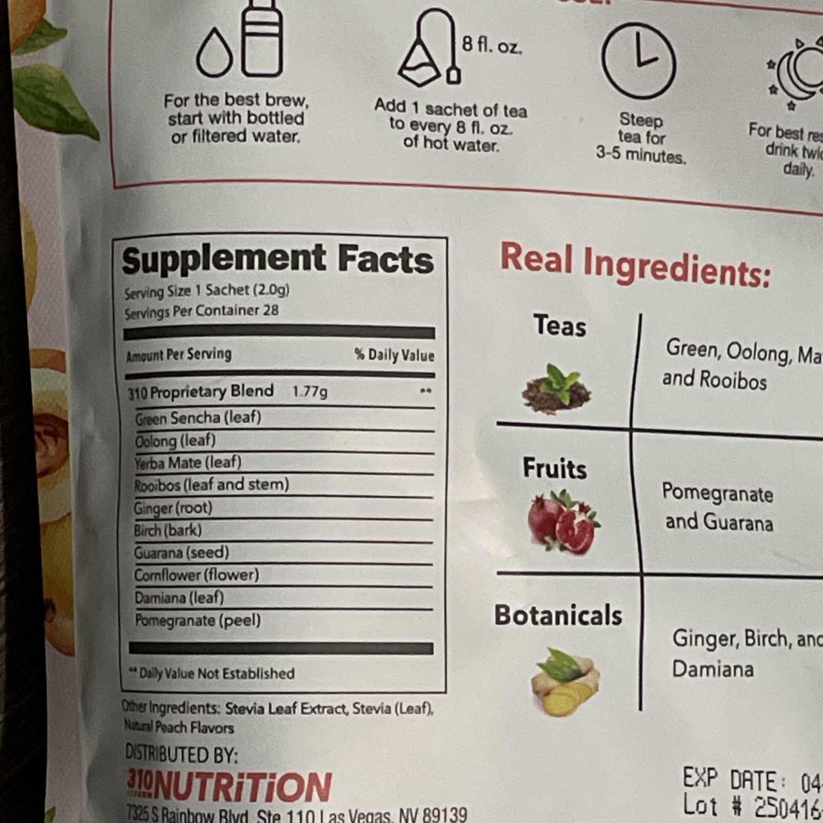 310 Nutrition Peach Tea 28 Count Sachets Exp 4/2027