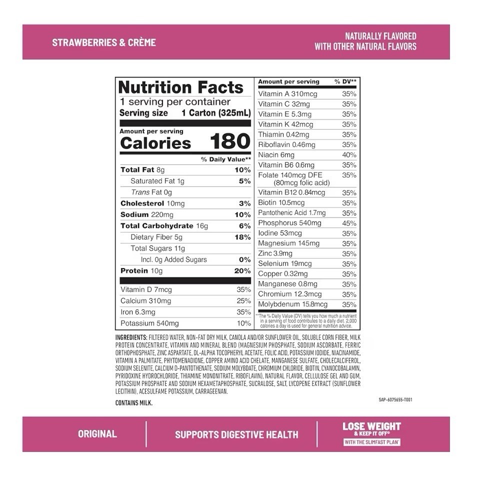 SlimFast Original Strawberries & Crème Meal Replacement Shakes (11 fl.oz 24 pk.)