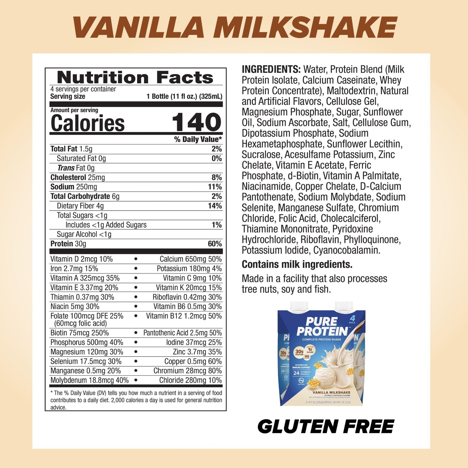 Vanilla Protein Shake, 30g Protein, 11 fl oz, 4 Pack Free Shipping in 2 days