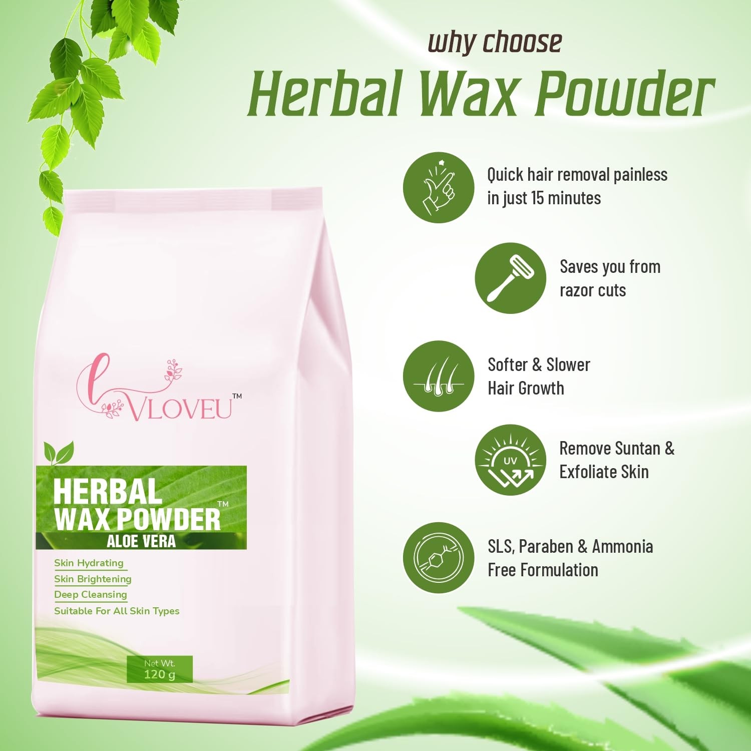 Vloveu Wax Powder 120g Aloe Hair Removal Full Body