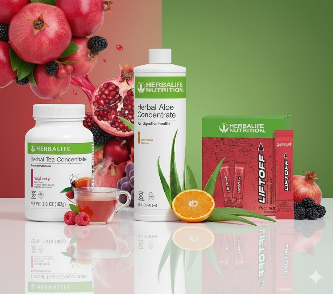 Herbalife Raspberry Tea 3.6 oz +Mandarin Aloe Pint+30 Pomegranate LiftOff Sticks