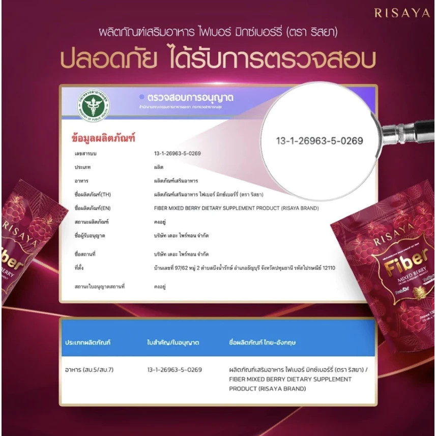 2 X Risaya Fiber Mixed Berry Premium Dietary Supplement 10 Sachets/box