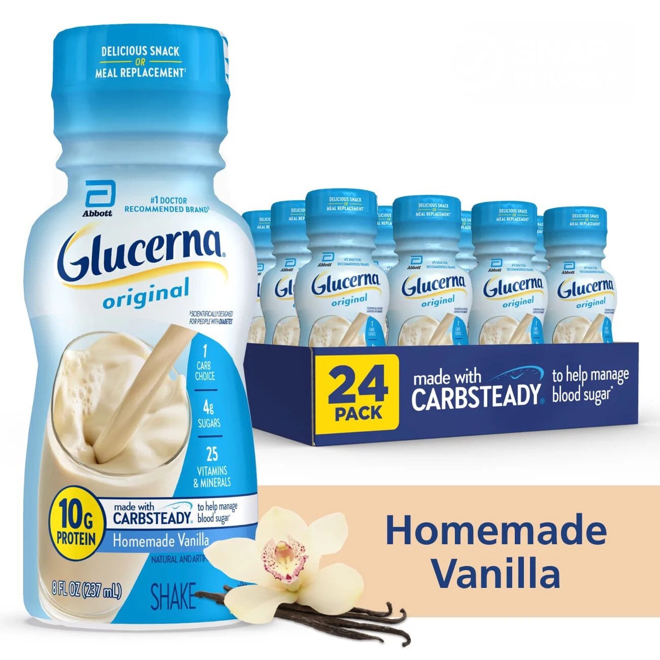 Glucerna Shake, Homemade Vanilla 🍨 •• 8-fl-oz, •• Pack of 24 Bottles.