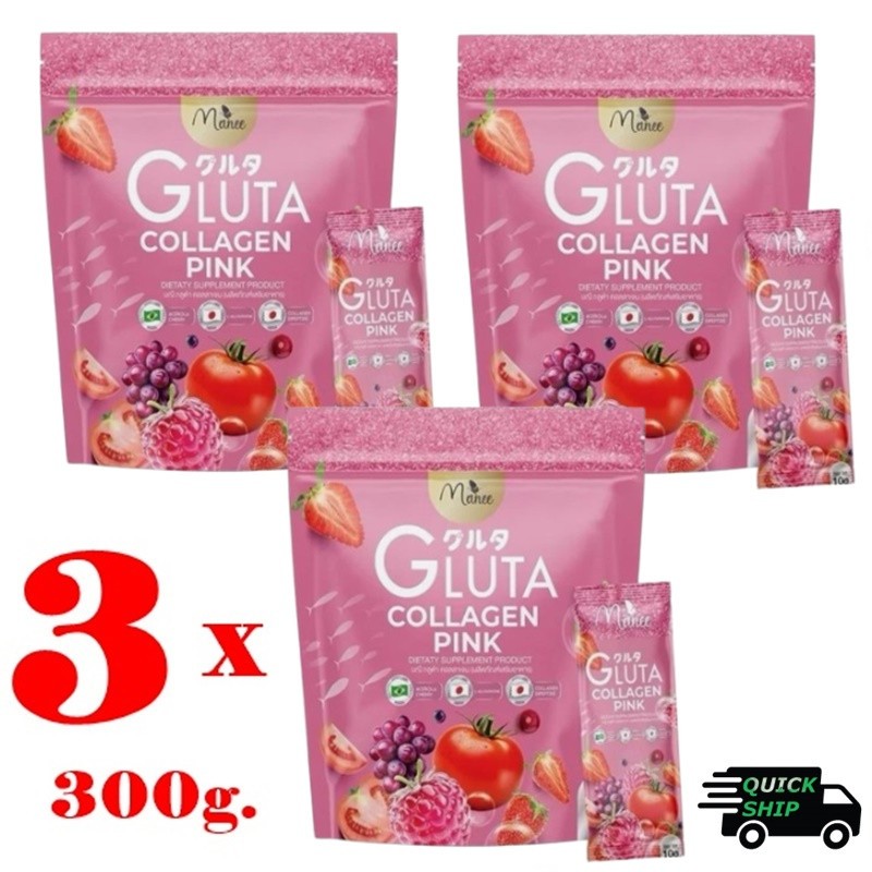 3 x 30 sachets Manee Gluta Collagen Pink Natural Mixed Fruits Extract Supplement