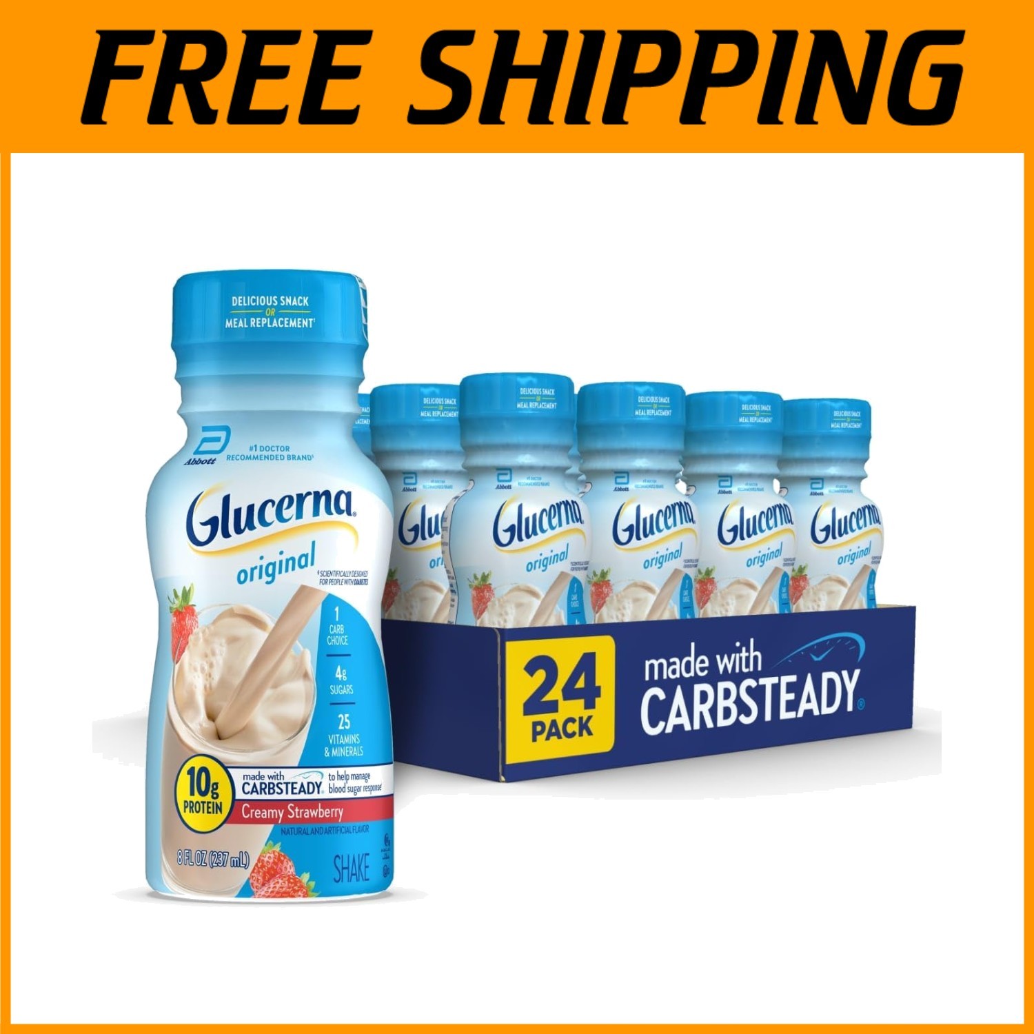 Diabetic Meal Replacement Shake, Creamy Strawberry, 8-fl-oz=
