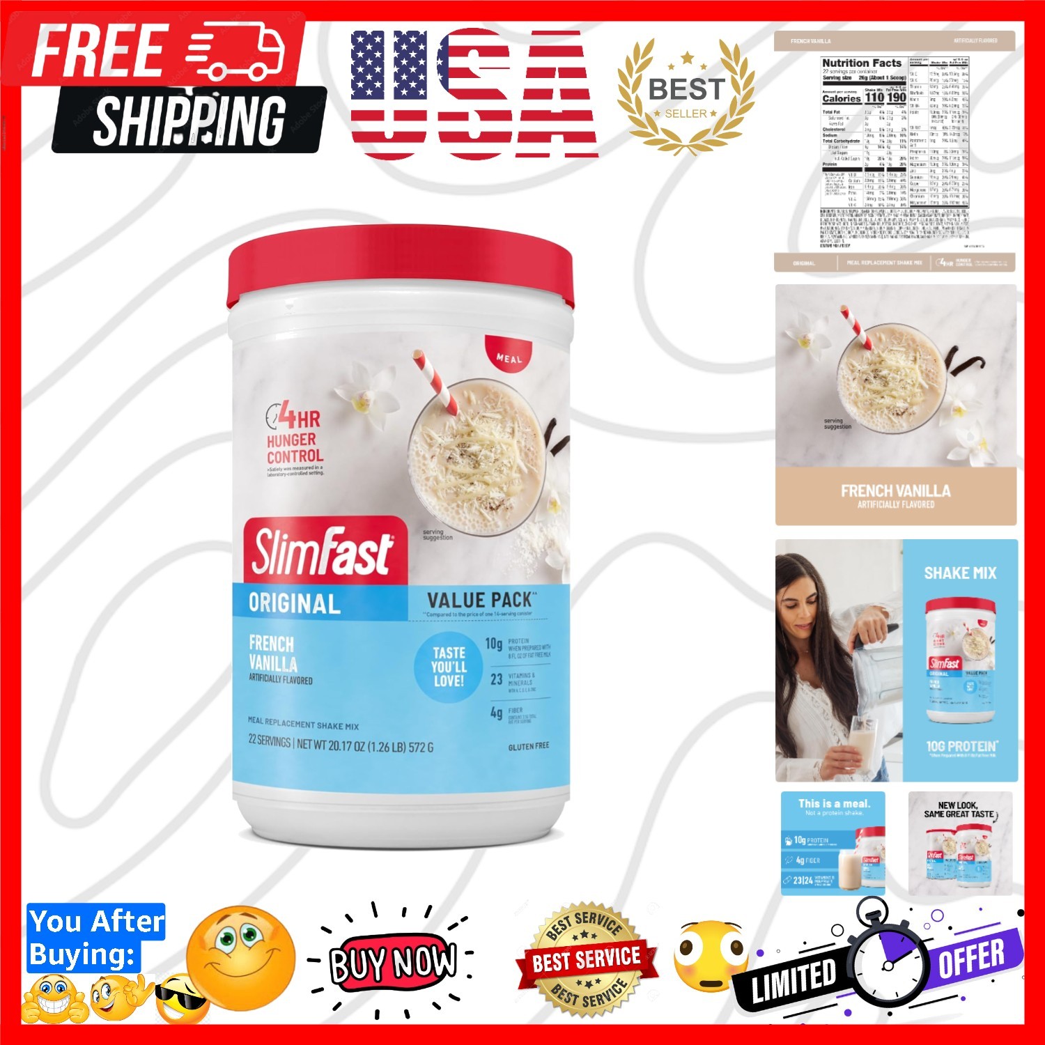 Meal Replacement Powder, French Vanilla, Weight Loss Shake Mix, 10g of Prote…